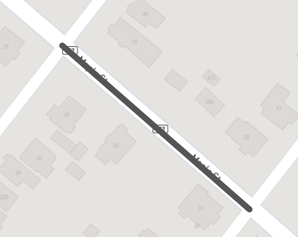 Map image showing line drawn along segment of Maple St between Tulip St and Dahlia St