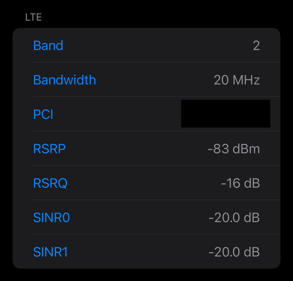 A screenshot of the Field Test Mode dashboard showing various signal values.